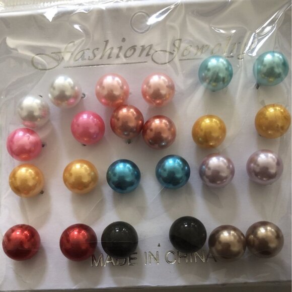 Fashion Jewelry Earring Set 12 Pairs Multicolor Pearl Studs For Women Girls - Picture 2 of 4